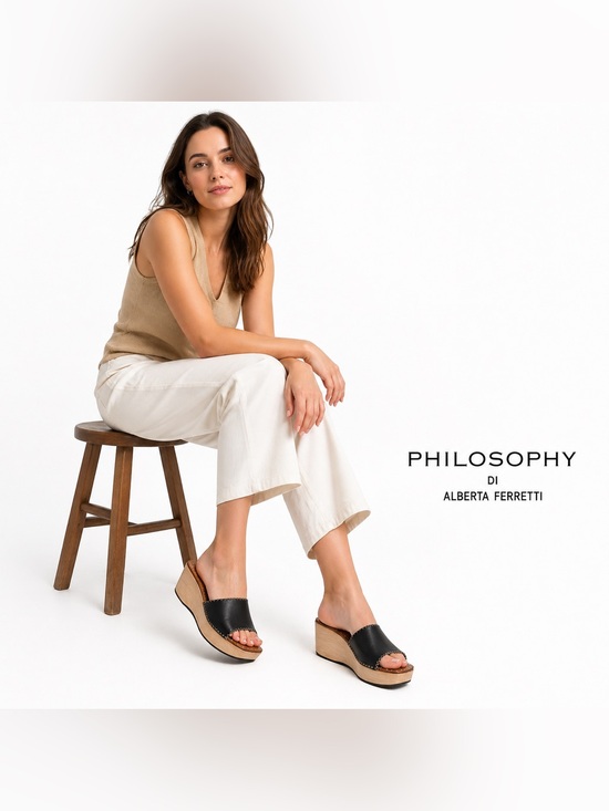 Philosophy Di Alberta Ferretti Wooden Wedge Sandals Black Leather Studded